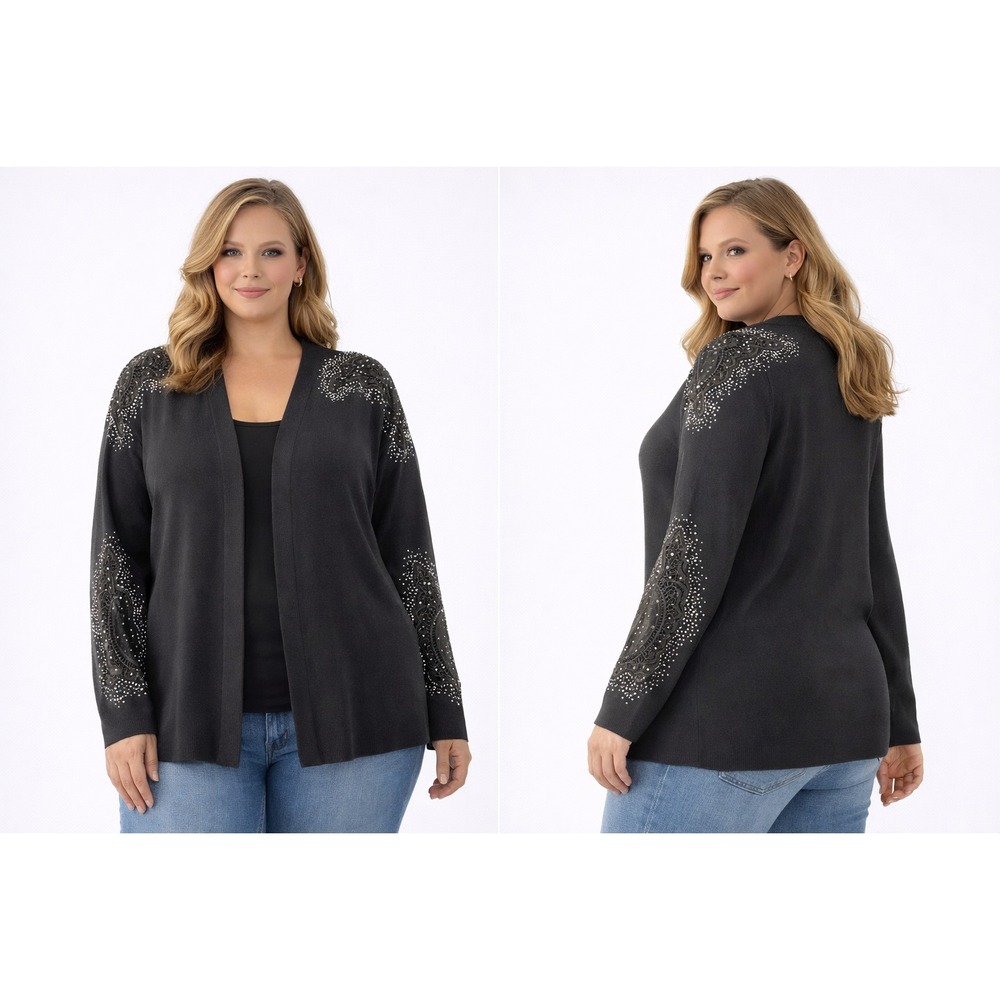 NWT‎ LIV Milano Womens Cardigan Large Black Embellished Open Front Elegant Chic